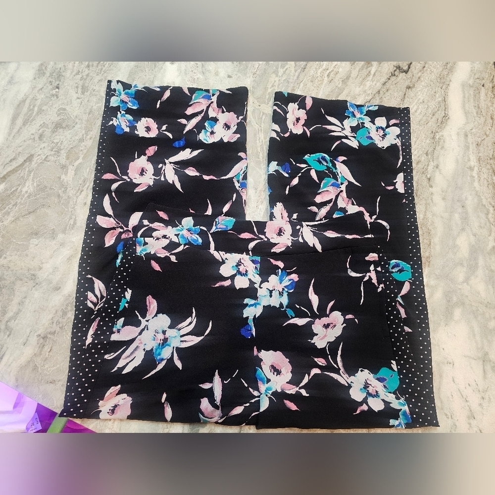 "Lane Bryant 14/16 Wide Leg Floral Pants Black Pink Blue Polka Dot Hem Stretch"